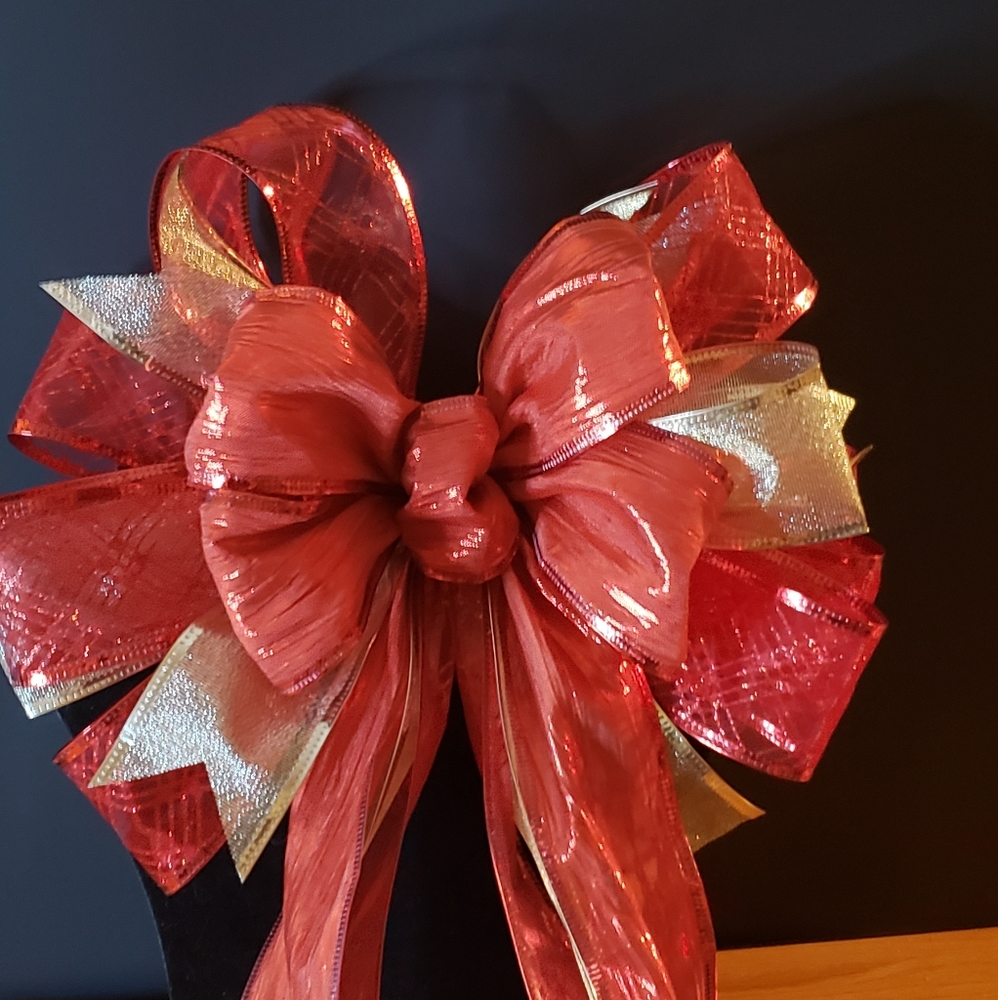 Handcrafted Holiday Bows! Sheer/Sparkle Red, Gold; approx. 10"Wx14"L